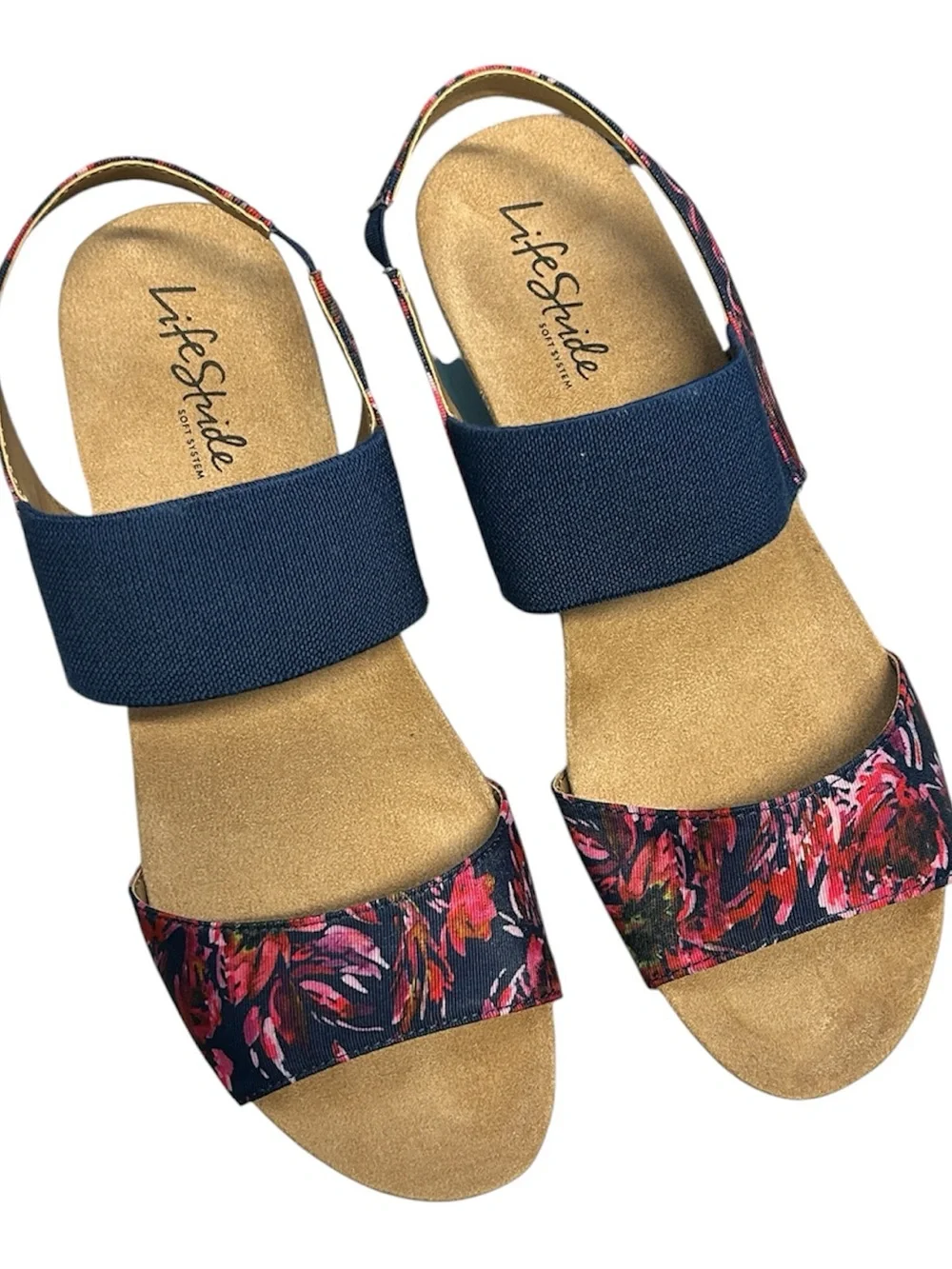 LifeStride Maldive Floral Cork Wedge Sandals Navy Pink Size 8M Comfort Vacation